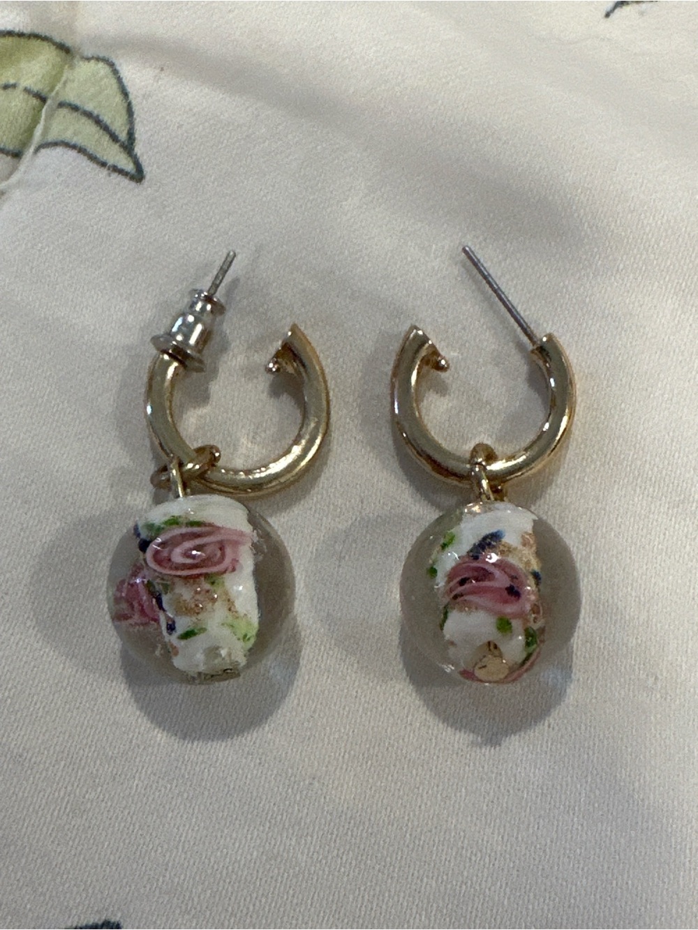 Gold Hoop Earrings with Pink Floral Glass Drop
